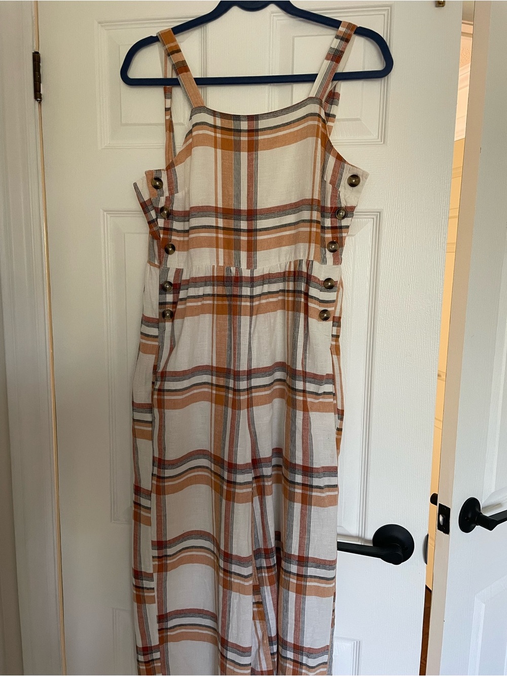 Plaid Button-Side Jumpsuit in Cream and Rust